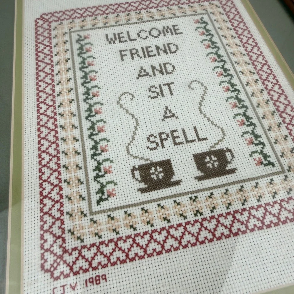 Vintage 1989 Handmade Cross Stitch Framed Art Welcome Friend Sit A Spell 11x14